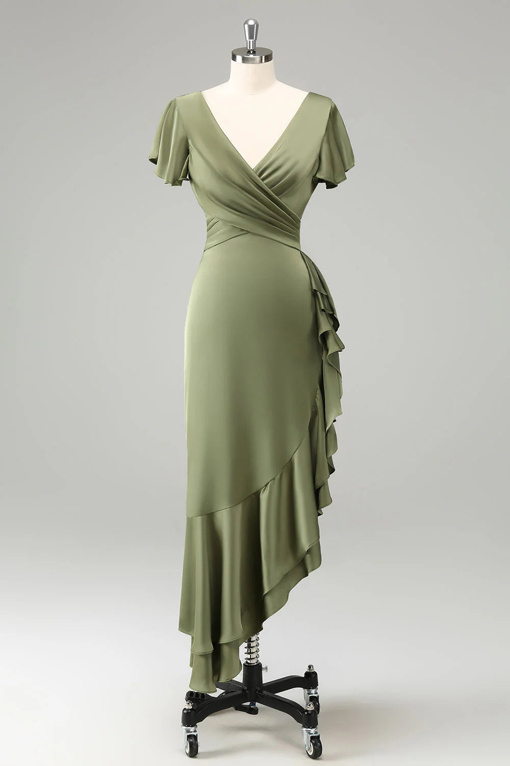 Olive V Neck Satin Sheath Dress with Ruffles