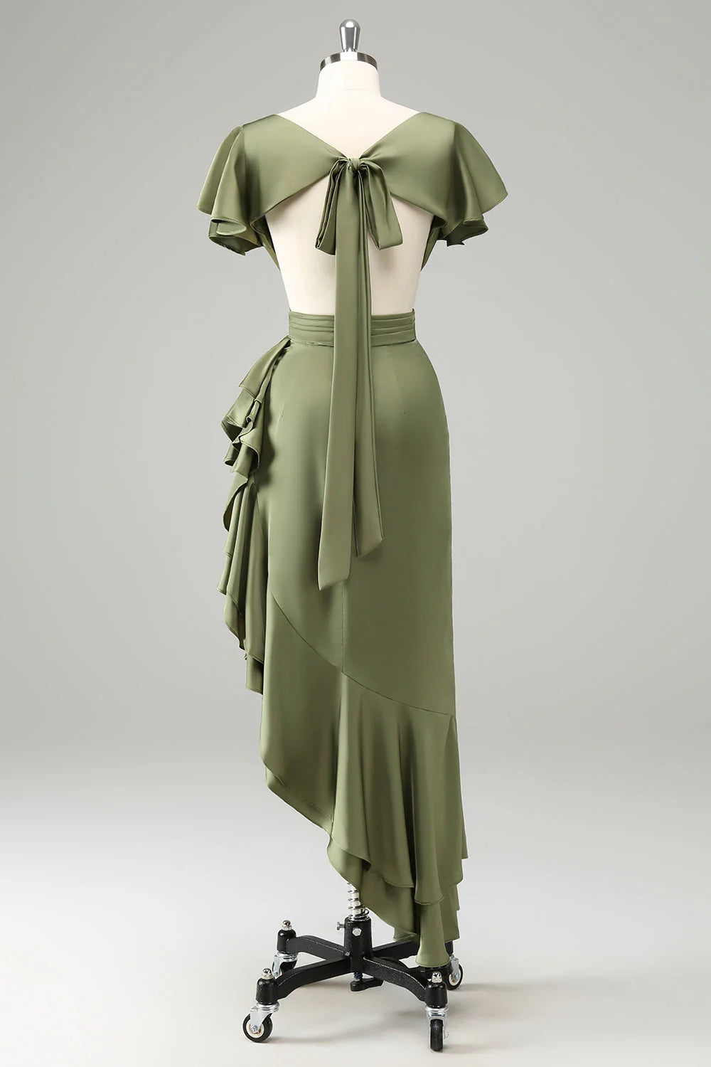 Olive V Neck Satin Sheath Dress with Ruffles