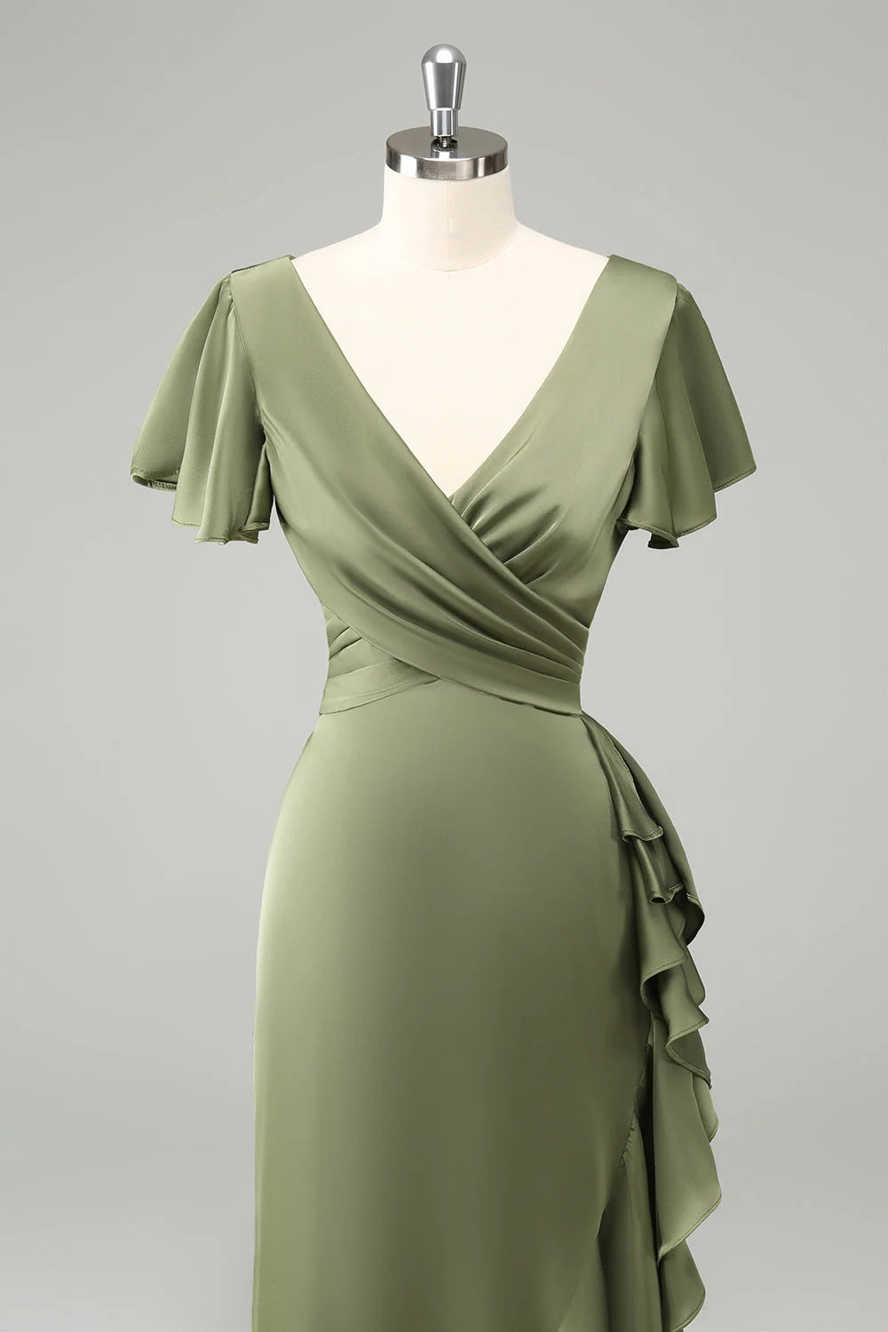Olive V Neck Satin Sheath Dress with Ruffles