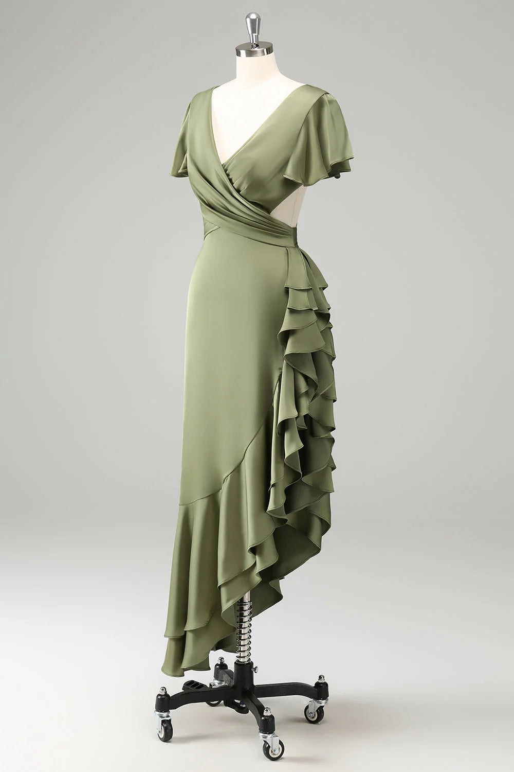 Olive V Neck Satin Sheath Dress with Ruffles