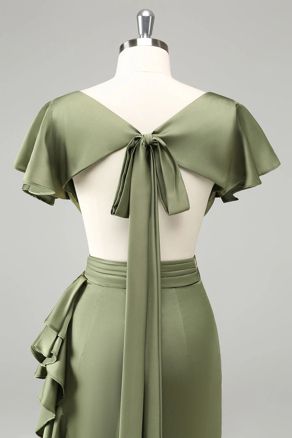 Olive V Neck Satin Sheath Dress with Ruffles