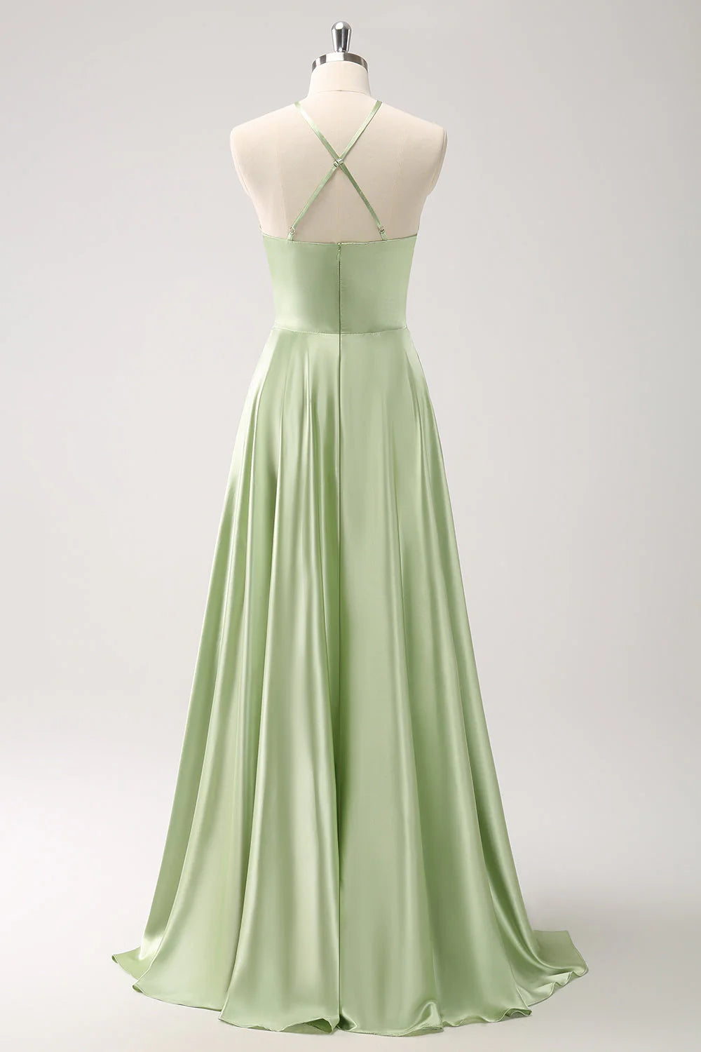 Light Green A-Line Halter Hollow Out Satin Dress with Flower