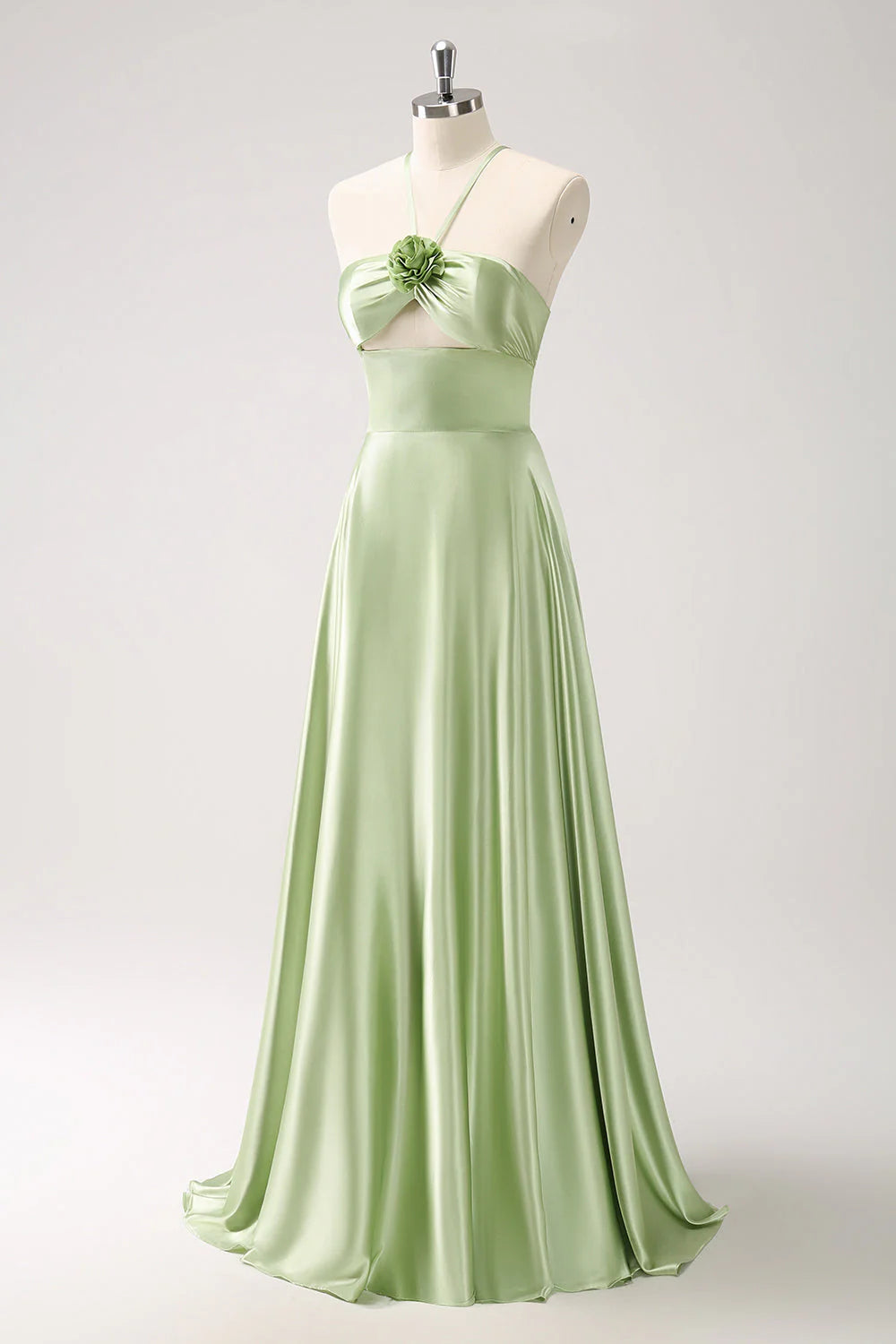 Light Green A-Line Halter Hollow Out Satin Dress with Flower