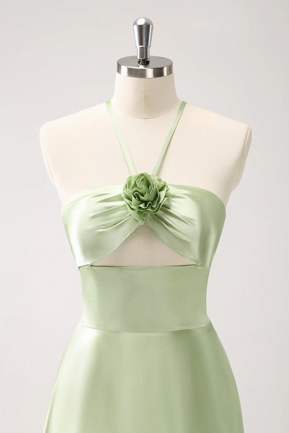 Light Green A-Line Halter Hollow Out Satin Dress with Flower