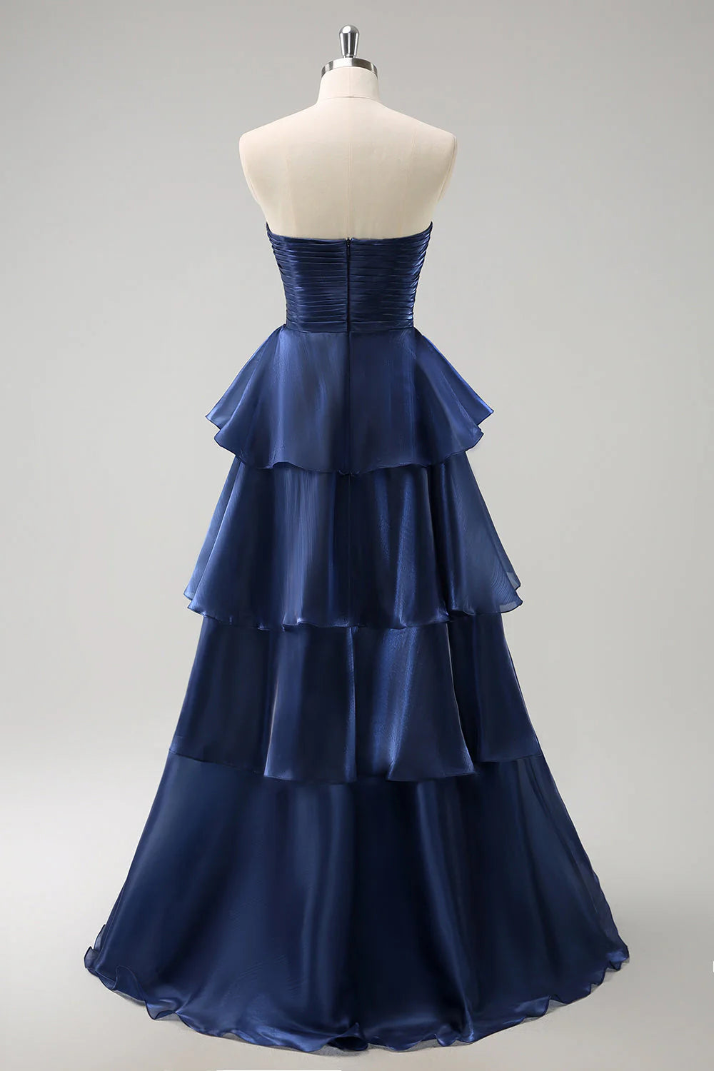 Dark Navy A Line Strapless Tiered Satin Long Dress