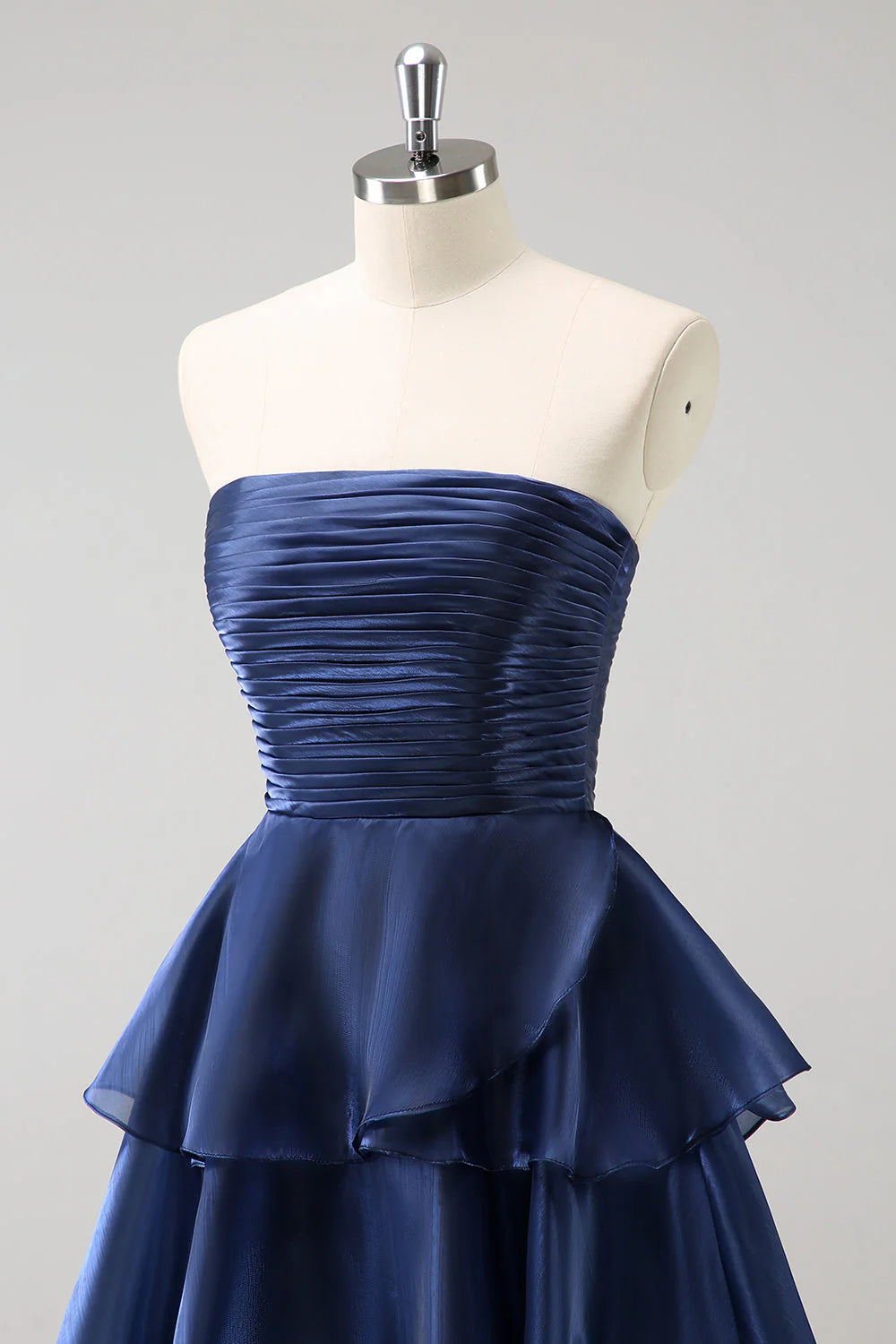 Dark Navy A Line Strapless Tiered Satin Long Dress