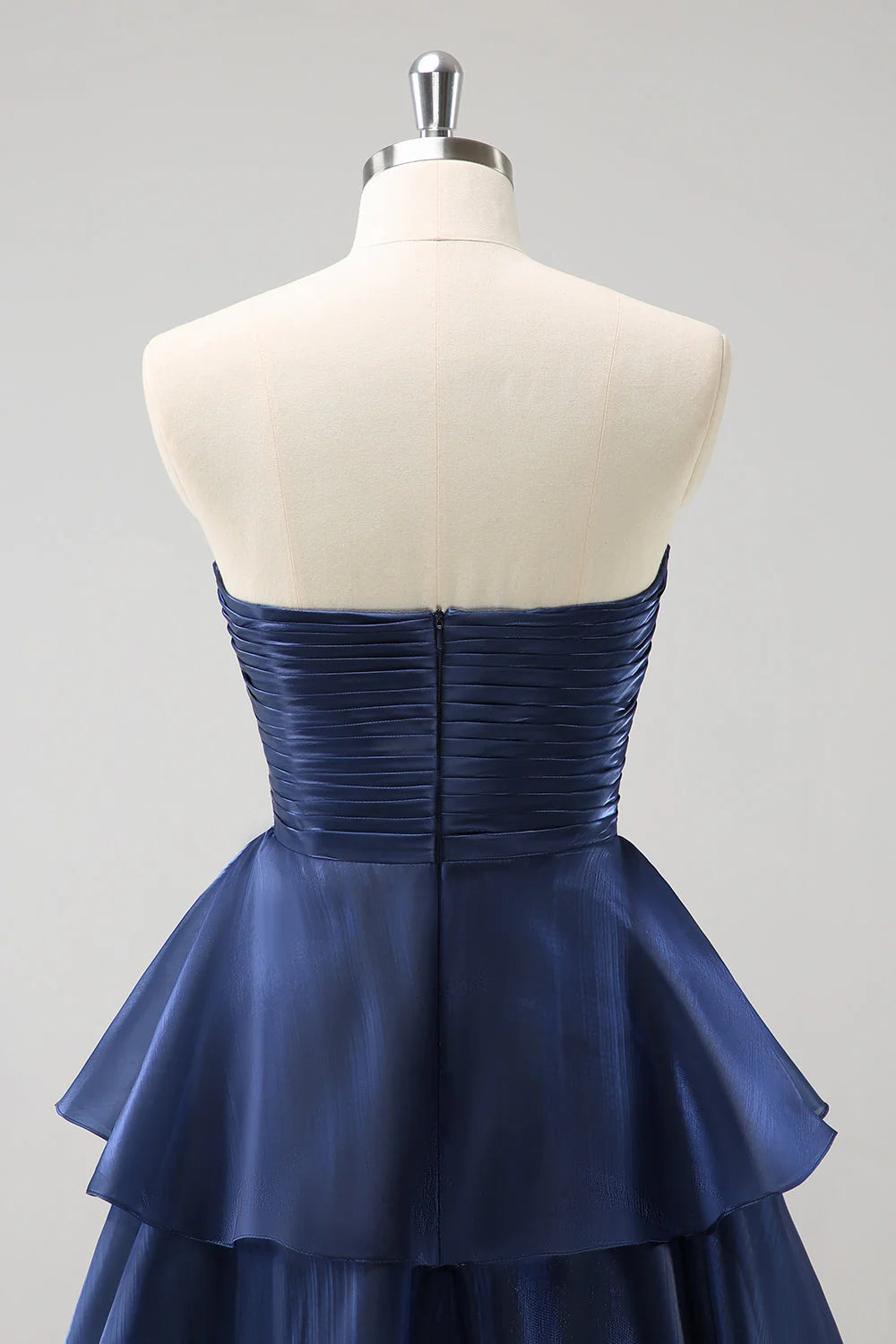 Dark Navy A Line Strapless Tiered Satin Long Dress