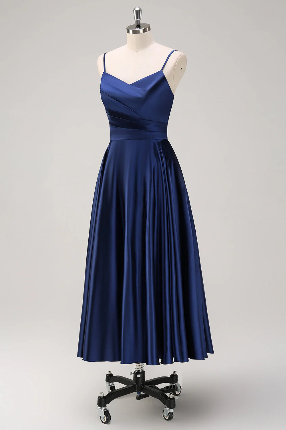 Navy A-Line Spaghetti Straps Tea Length Dress