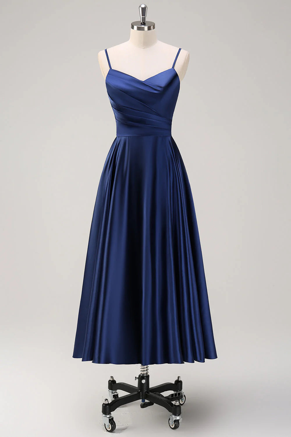 Navy A-Line Spaghetti Straps Tea Length Dress