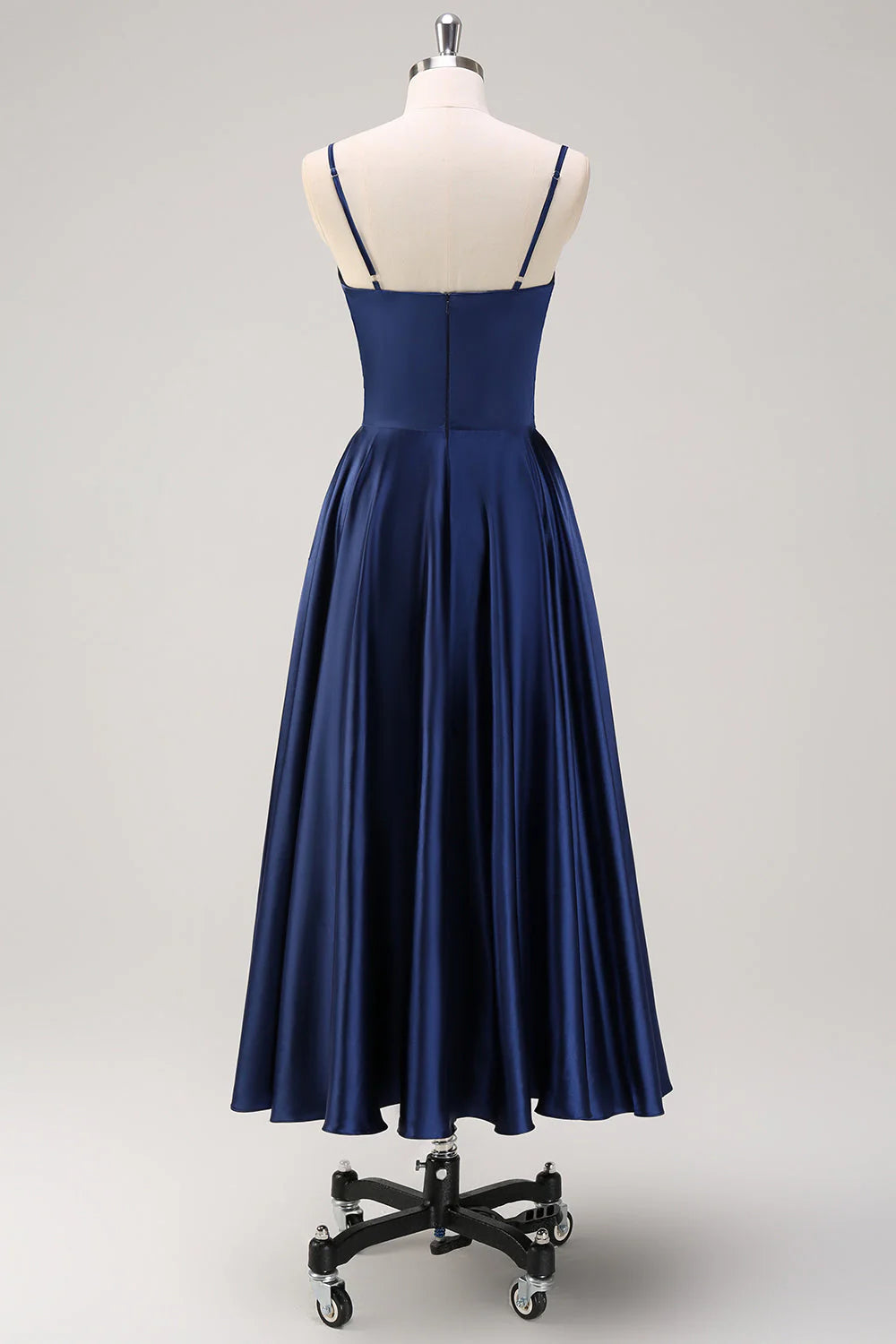 Navy A-Line Spaghetti Straps Tea Length Dress