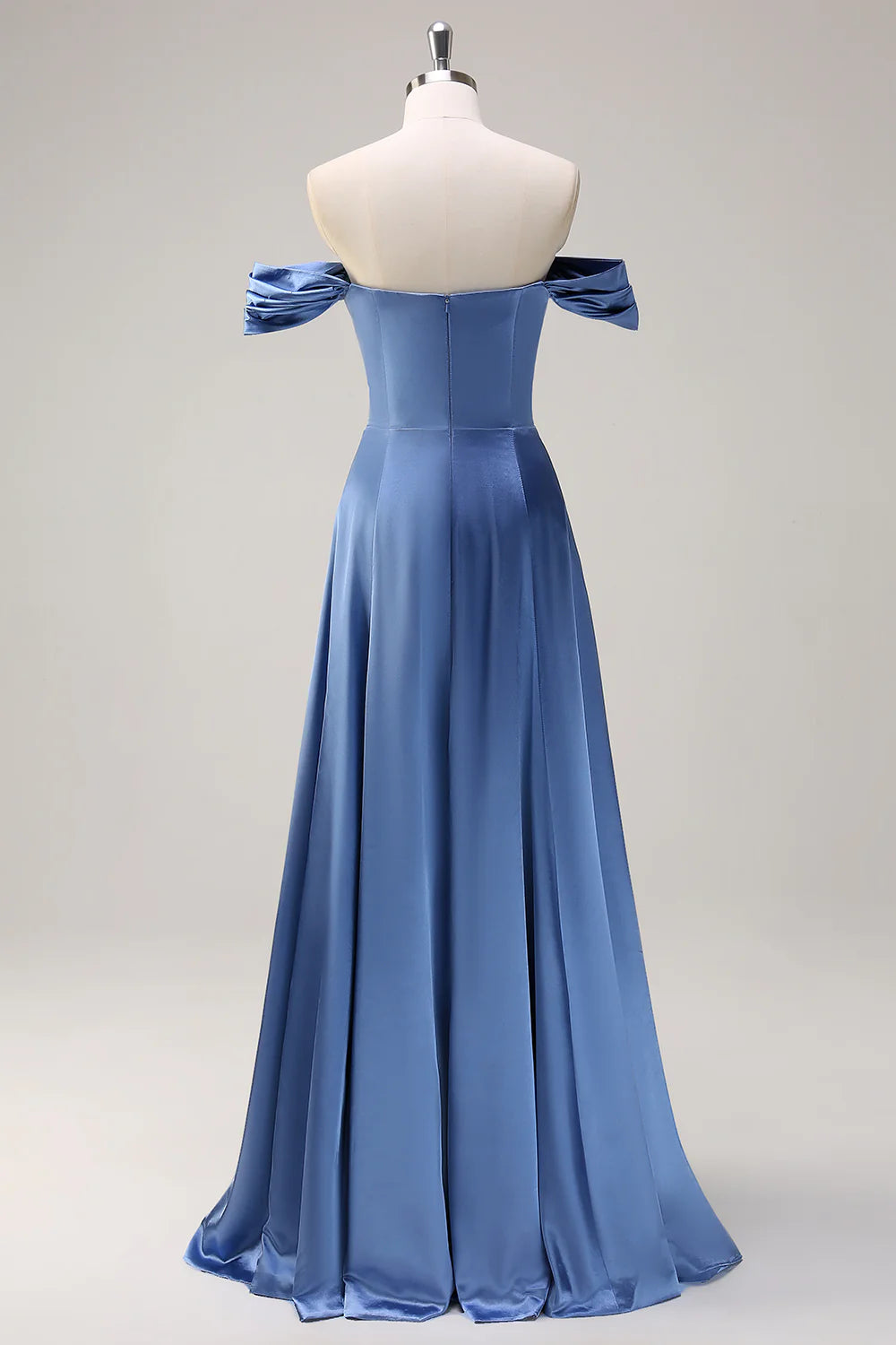 Dusty Blue Satin Off The Shoulder Dress