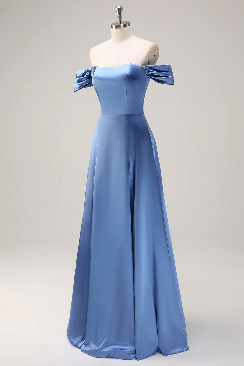 Dusty Blue Satin Off The Shoulder Dress