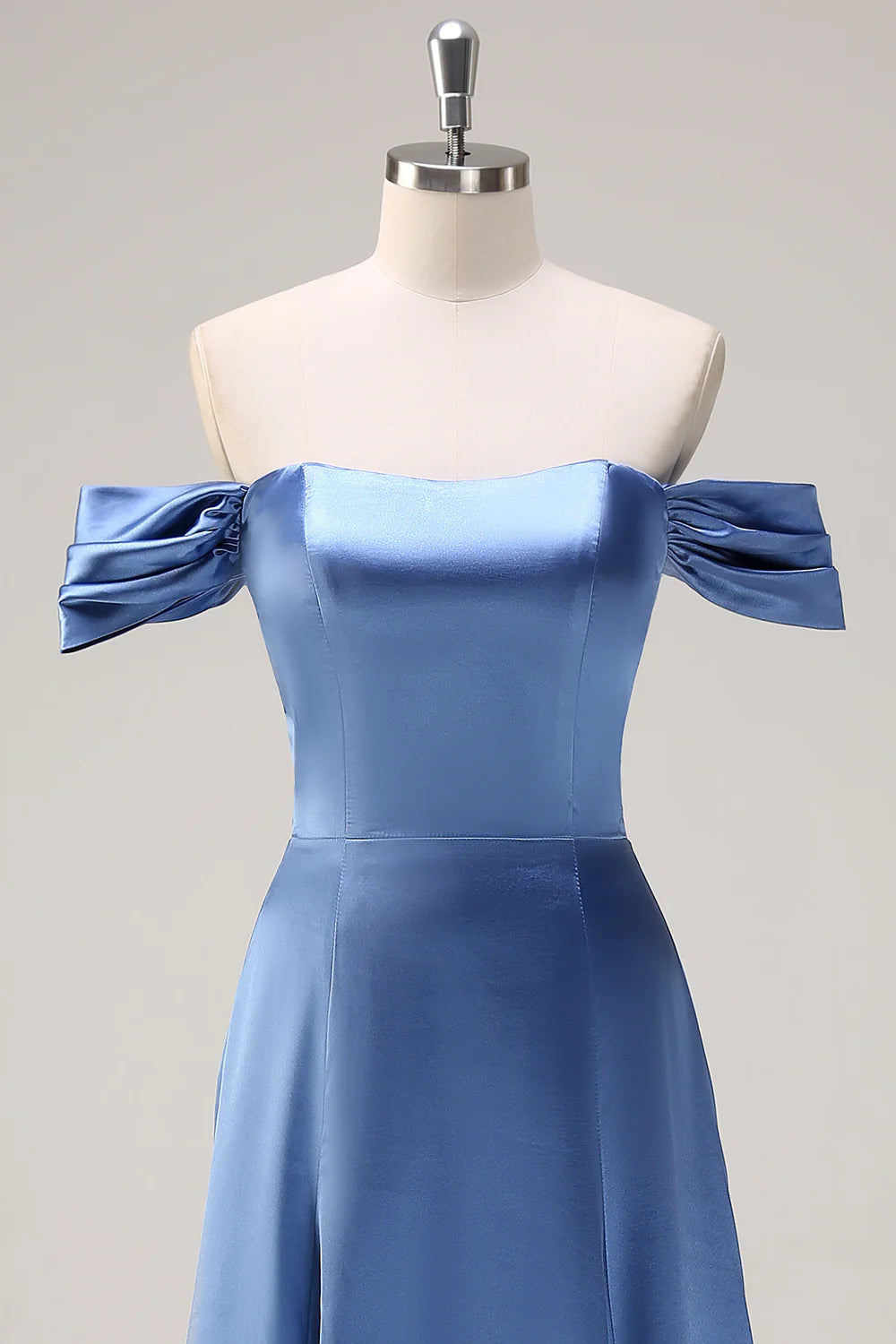 Dusty Blue Satin Off The Shoulder Dress