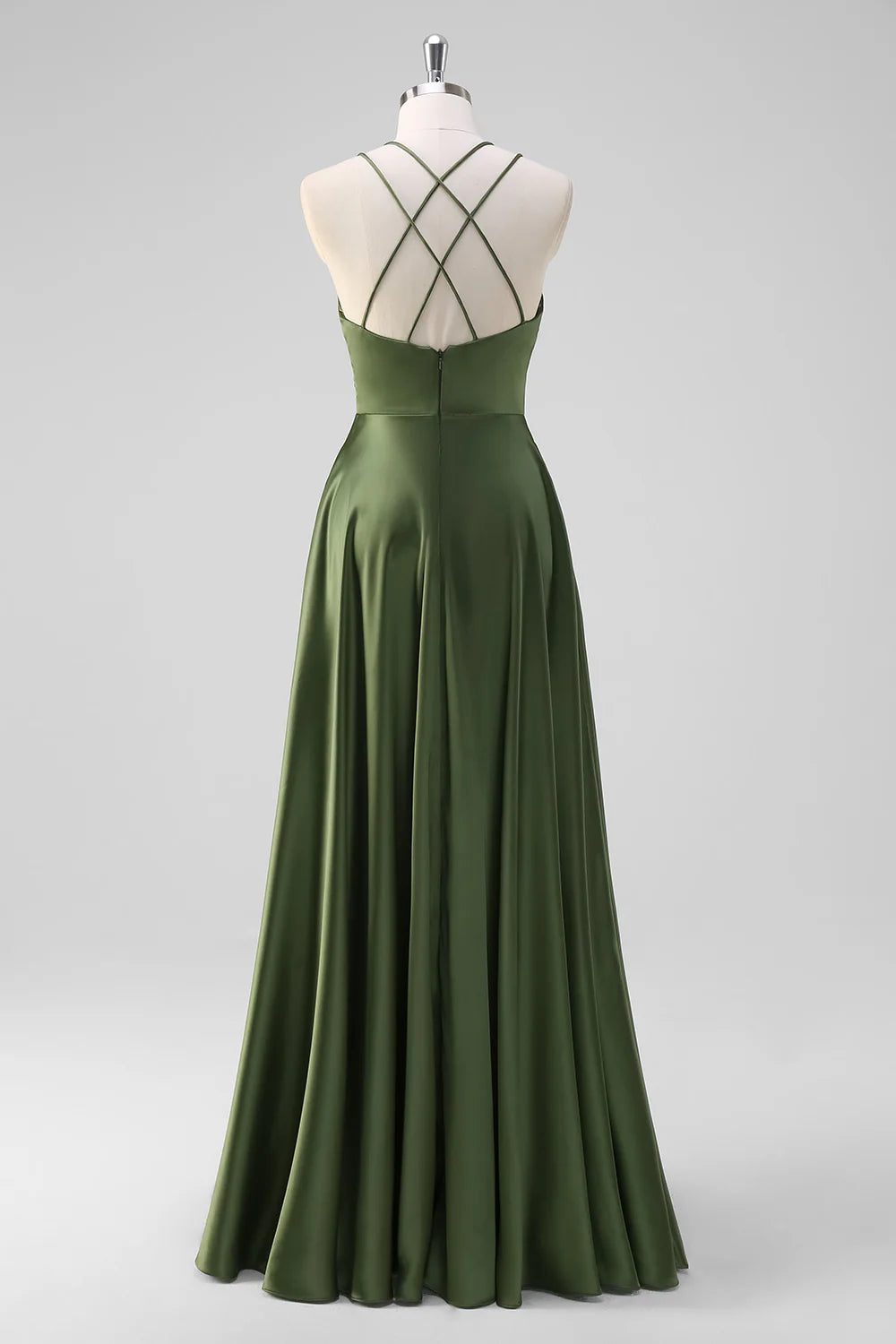 Olive A-Line Spaghetti Straps Long Dress with Slit