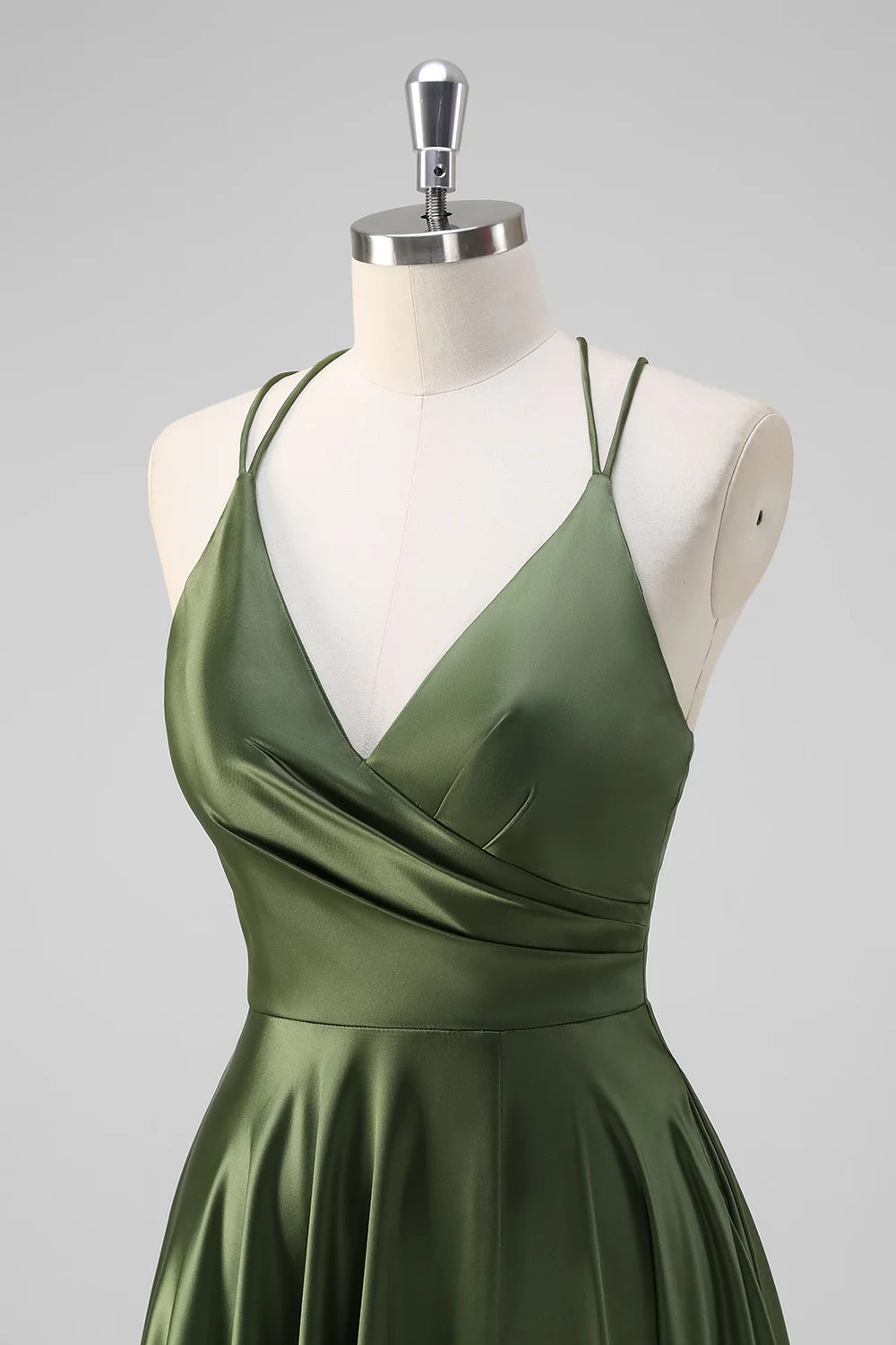 Olive A-Line Spaghetti Straps Long Dress with Slit