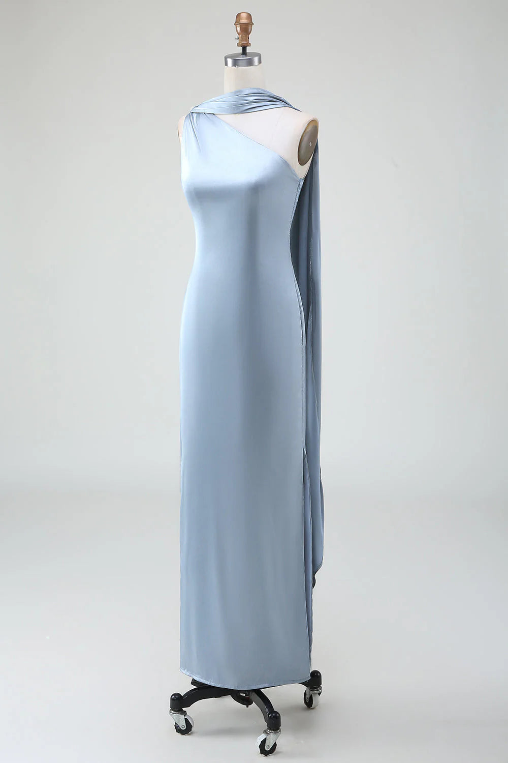 Blue Sheath One Shoulder Satin Long Dress