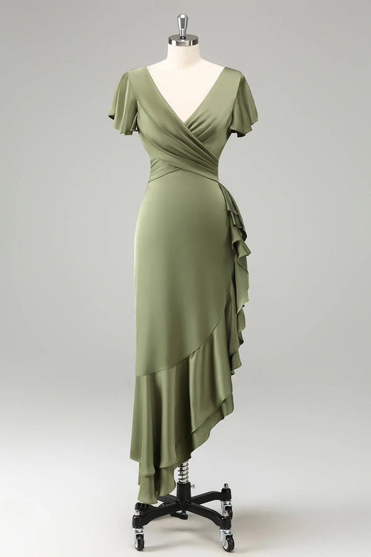Olive V Neck Satin Sheath Dress with Ruffles