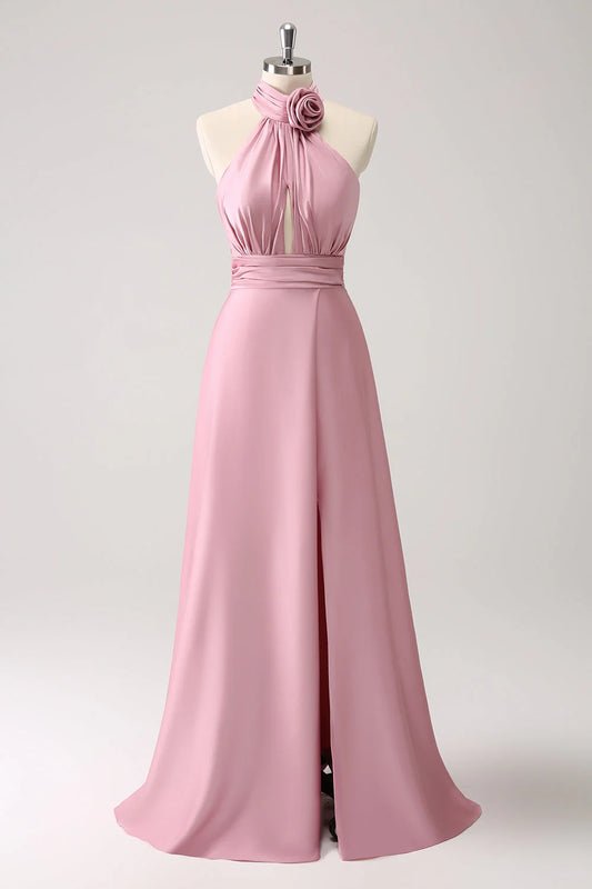 Pink Keyhole A-Line Satin Dress with Slit
