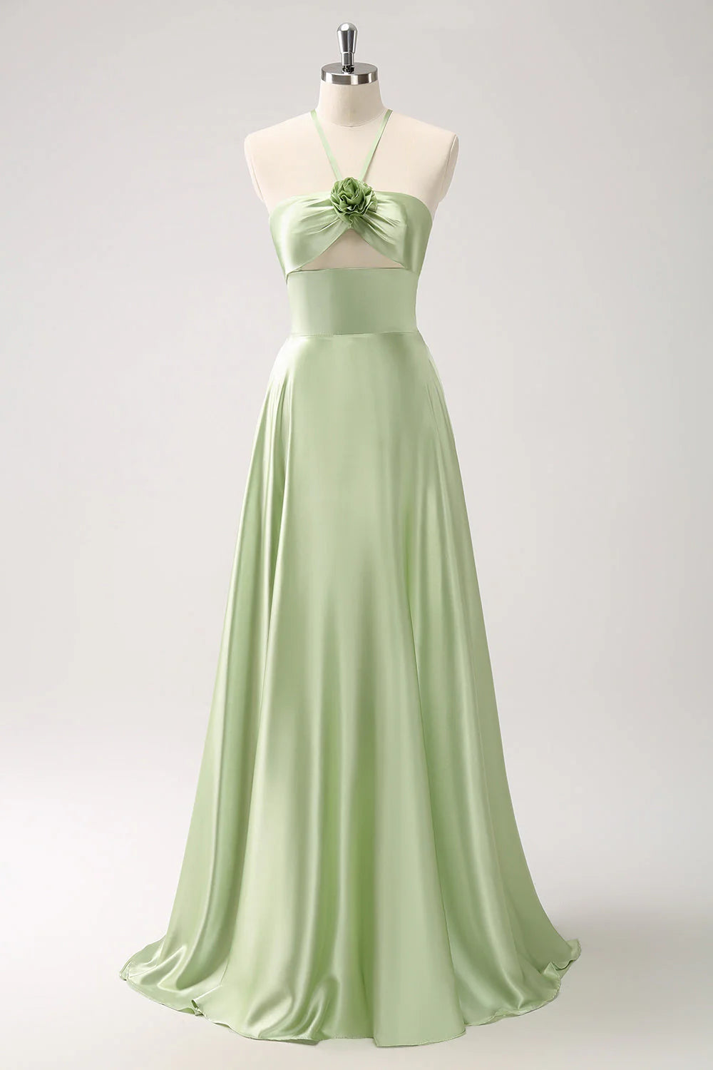 Light Green A-Line Halter Hollow Out Satin Dress with Flower