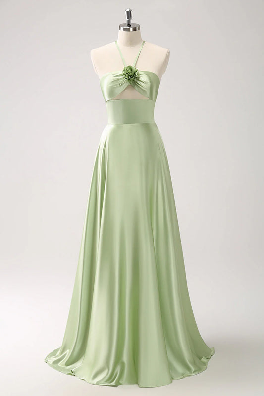 Light Green A-Line Halter Hollow Out Satin Dress with Flower
