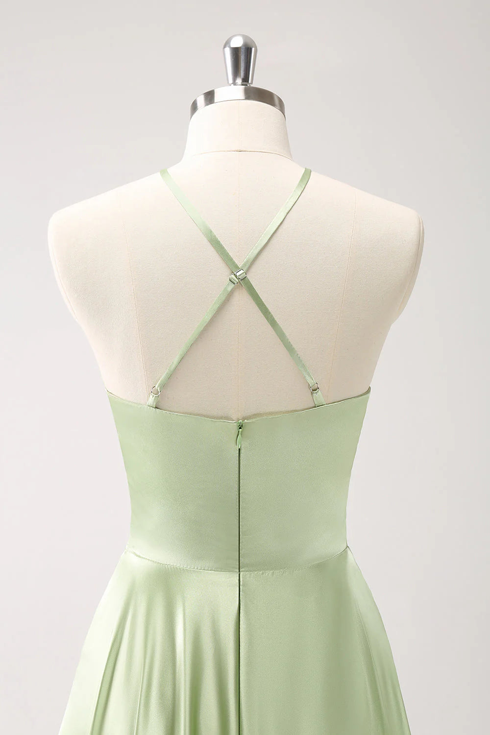 Light Green A-Line Halter Hollow Out Satin Dress with Flower