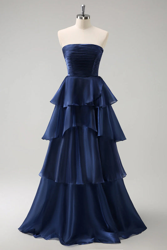 Dark Navy A Line Strapless Tiered Satin Long Dress