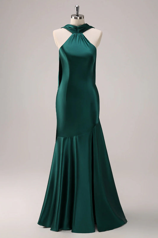 Dark Green Halter Satin Mermaid Dress