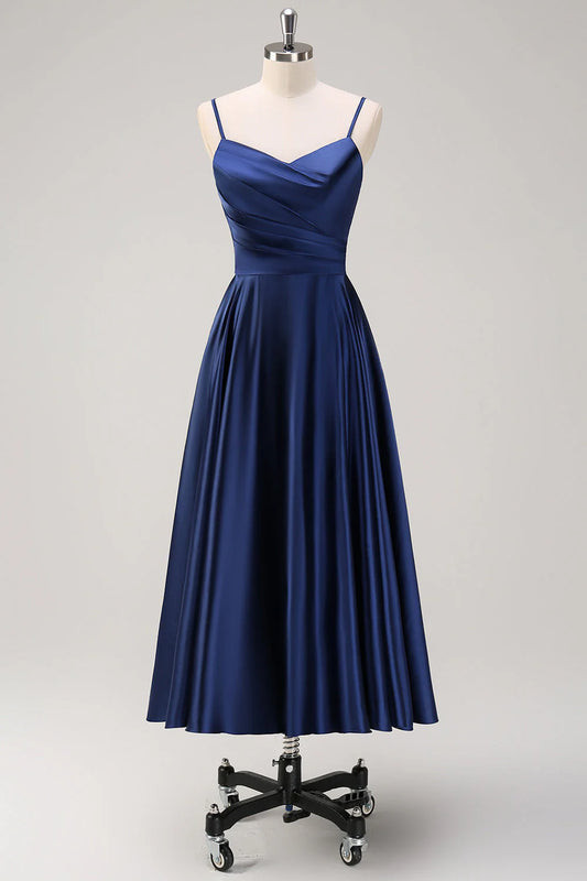 Navy A-Line Spaghetti Straps Tea Length Dress