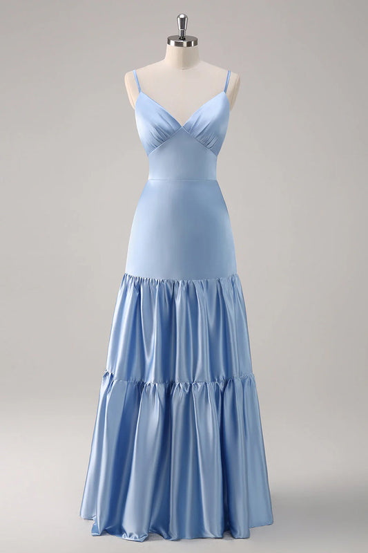 Sky Blue A-Line Spaghetti Straps Satin Long Dress