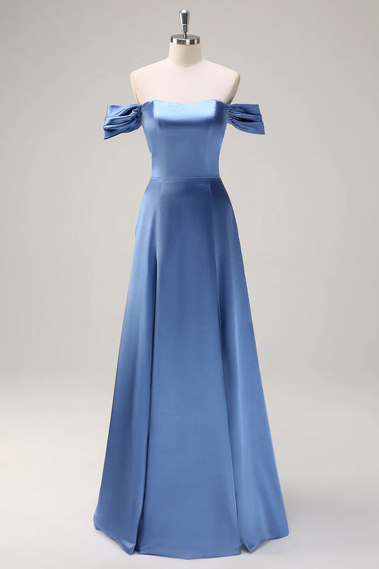 Dusty Blue Satin Off The Shoulder Dress
