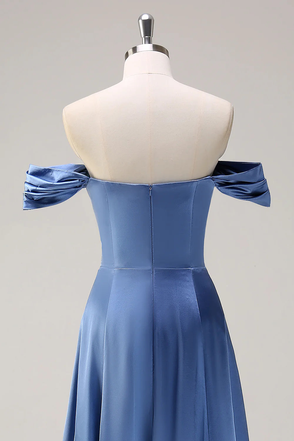 Dusty Blue Satin Off The Shoulder Dress