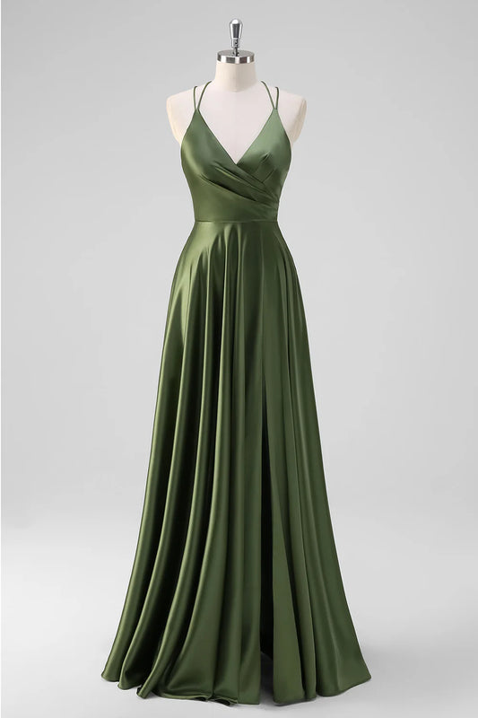 Olive A-Line Spaghetti Straps Long Dress with Slit