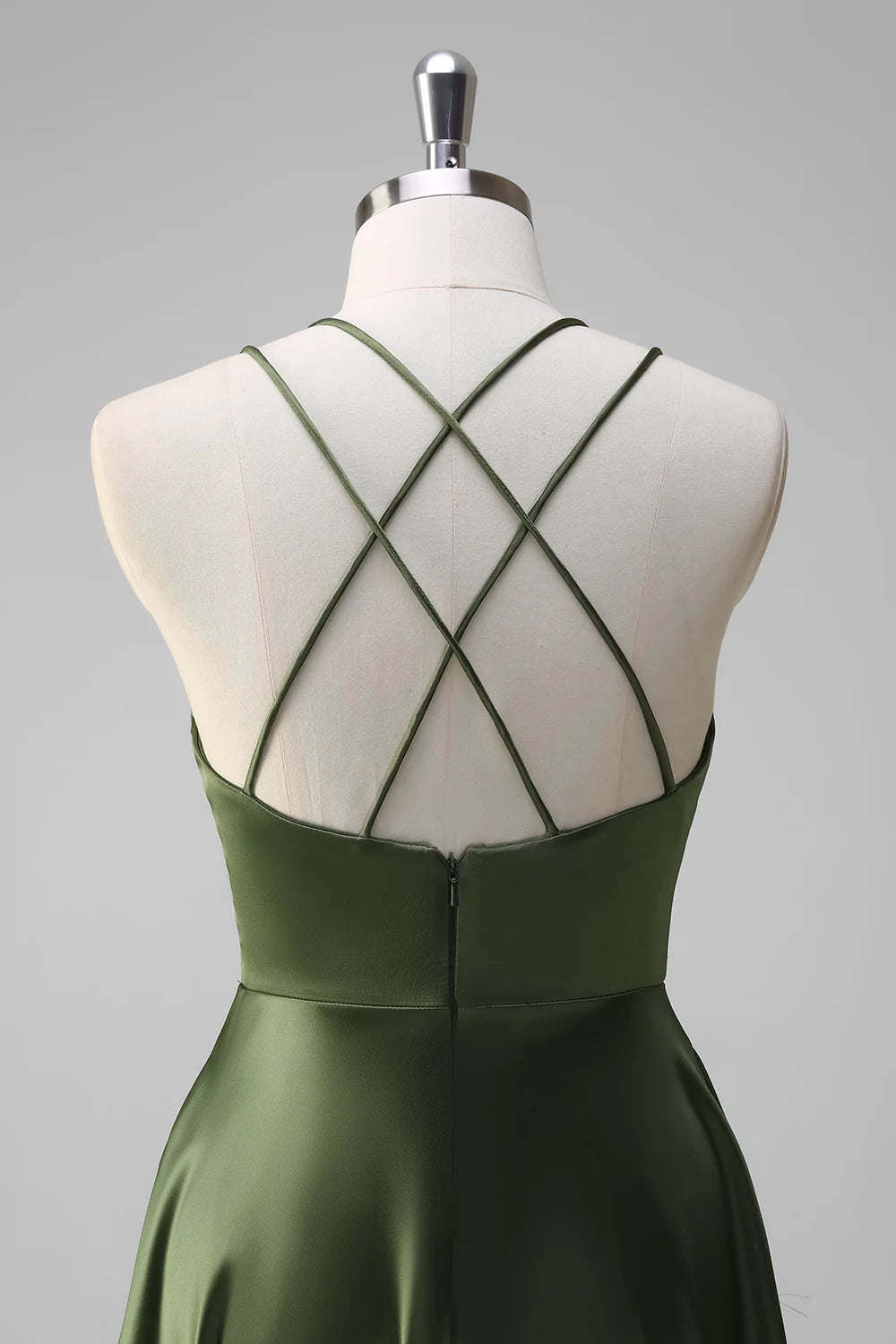 Olive A-Line Spaghetti Straps Long Dress with Slit