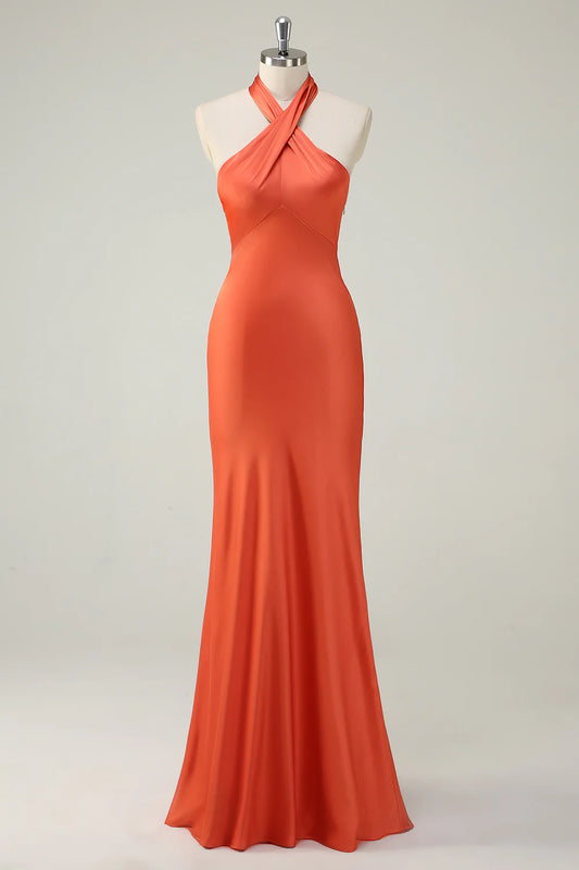 Orange Mermaid Halter Satin Long Dress