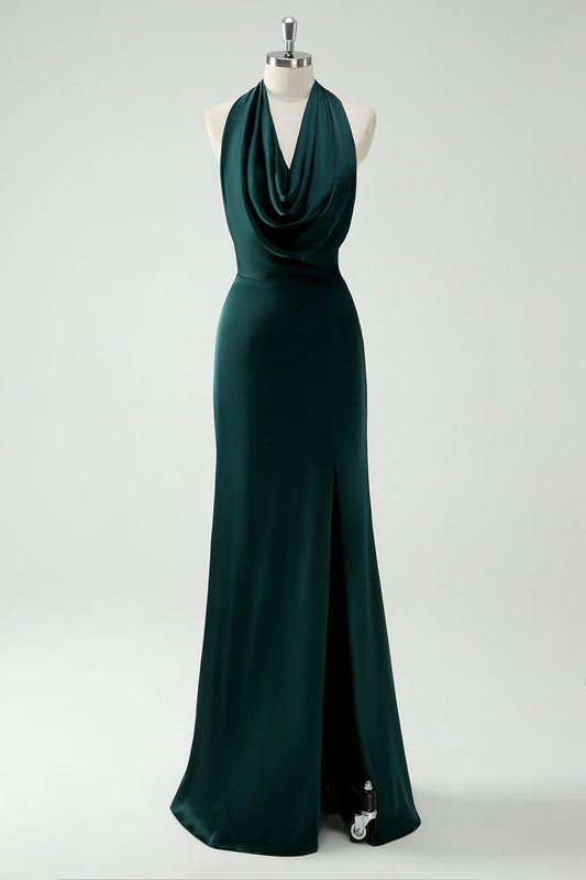Halter Neck Pine Green Mermaid Long Dress with Slit