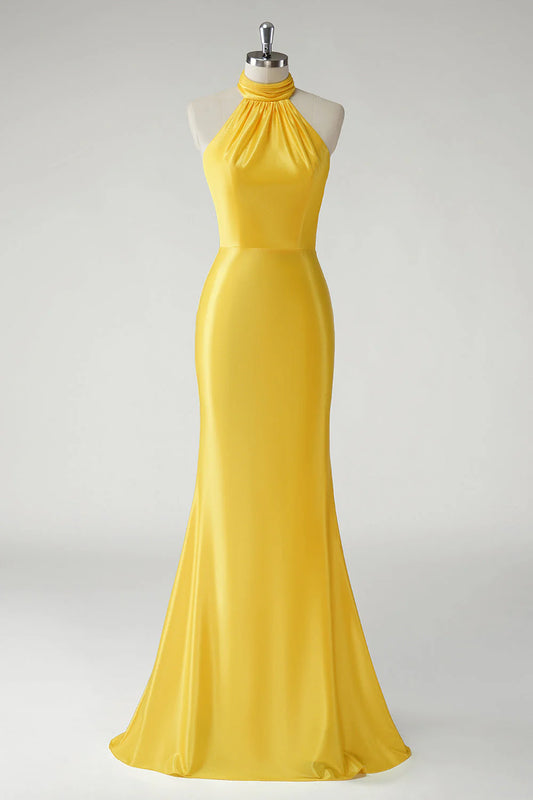 Yellow Mermaid Halter Satin Long Dress
