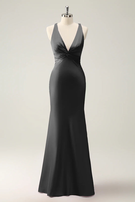 Black Mermaid V Neck Satin Long Dress