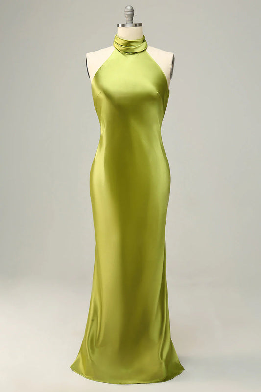Halter Open Back Lemon Green Long Dress