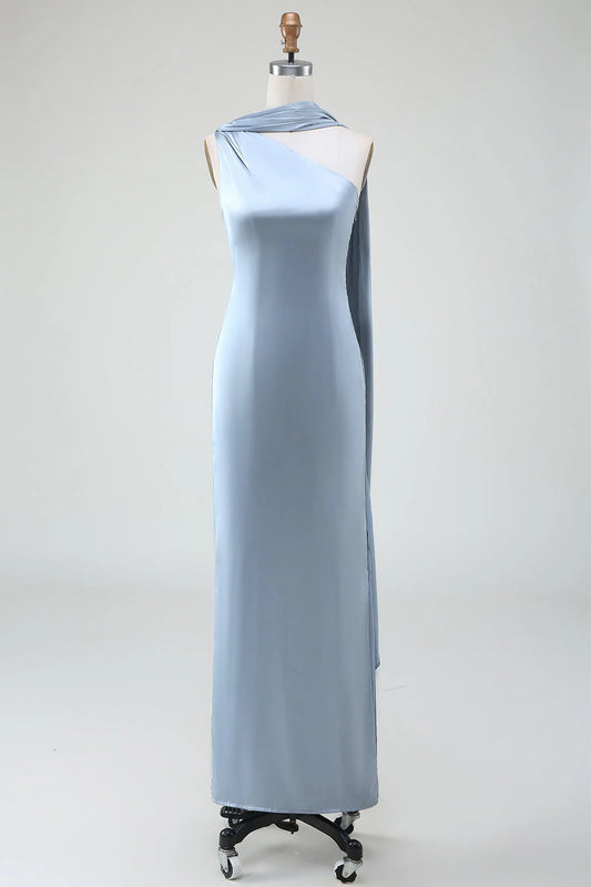 Blue Sheath One Shoulder Satin Long Dress