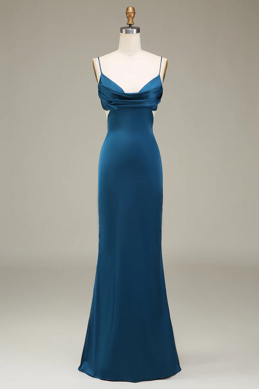 Peacock Sheath Spaghetti Straps Long Satin Dress